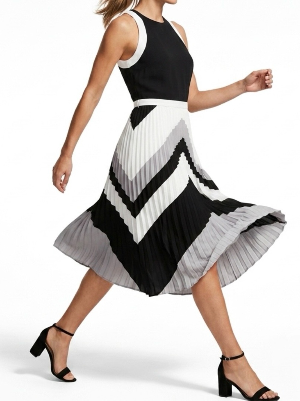 Banana Republic Women's‎ Black/White/Gray Sleeveless Pleated Midi Length Dress 4